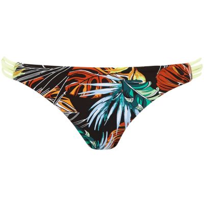 Black tropical print strappy bikini bottoms